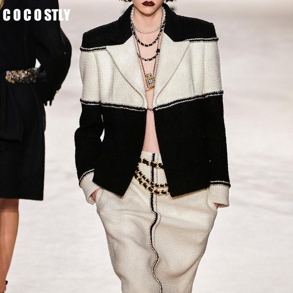 new wool blazer women tweed jacket black white patchwork coat long sleeve double breasted blazer office autumn winter, White;black
new wool blazer women tweed jacket black white patchwork coat long sleeve double breasted blazer office autumn winter, White;black
