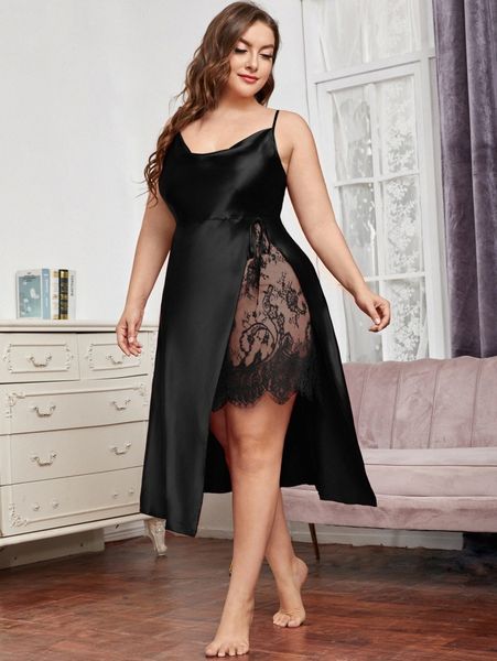 plus contrast eyelash lace drape neck split thigh satin sleep dress n8r1#, Black;white
plus contrast eyelash lace drape neck split thigh satin sleep dress n8r1#, Black;white