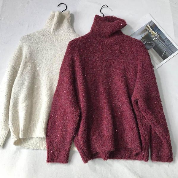 long-sleeved high-neck pullover sweater with sequins loose and thick sweater fashion all-match, White;black
long-sleeved high-neck pullover sweater with sequins loose and thick sweater fashion all-match, White;black