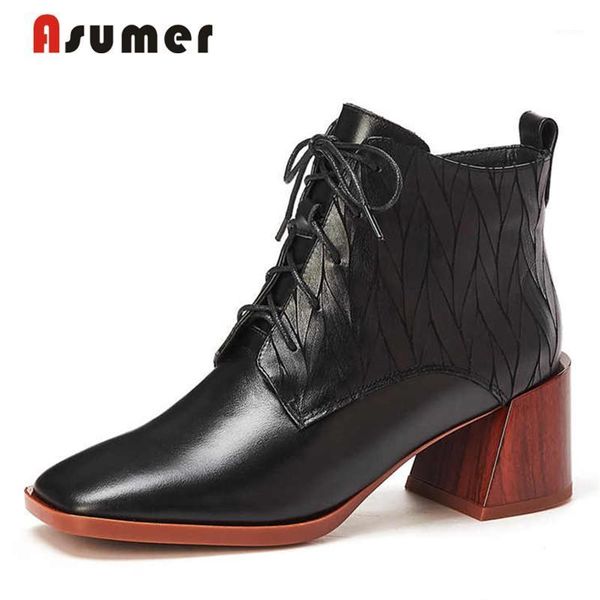 boots asumer 2021 genuine leather lace up square heels ladies office work shoes basic ankle1, Black
boots asumer 2021 genuine leather lace up square heels ladies office work shoes basic ankle1, Black