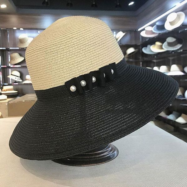 wide brim hats 2021 fashion classical women fedora beach sun hat pearls black ribbon ladies straw summer bucket bonnet enfant, Blue;gray
wide brim hats 2021 fashion classical women fedora beach sun hat pearls black ribbon ladies straw summer bucket bonnet enfant, Blue;gray