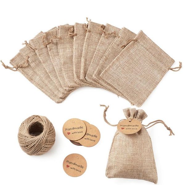 1set Burlap Packing Pouches Drawstring Bags With Jewelry Display Kraft Paper Price Tags And Hemp Cord Twine String For Bbyuti