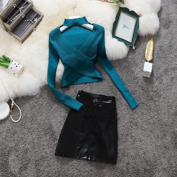 street trendy women's halter neck cutout knitted sweater and high waist pu leather skirt clothing set, Gray
street trendy women's halter neck cutout knitted sweater and high waist pu leather skirt clothing set, Gray