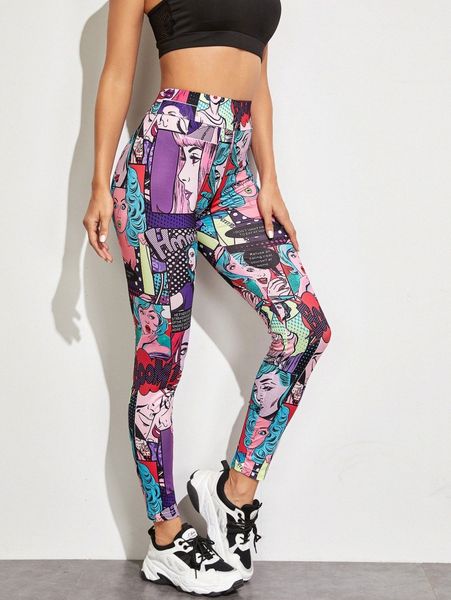 elastic waist pop art print leggings n7ay#, Black