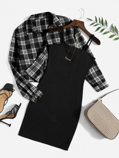 plaid jacket & cami dress e3bx#, White