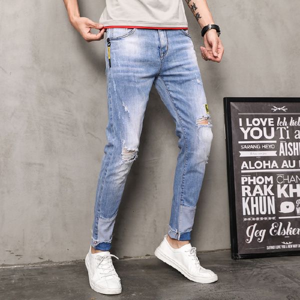 stretch men's jeans summer brand slim korean fashion hole cropped versatile pants, Blue
stretch men's jeans summer brand slim korean fashion hole cropped versatile pants, Blue