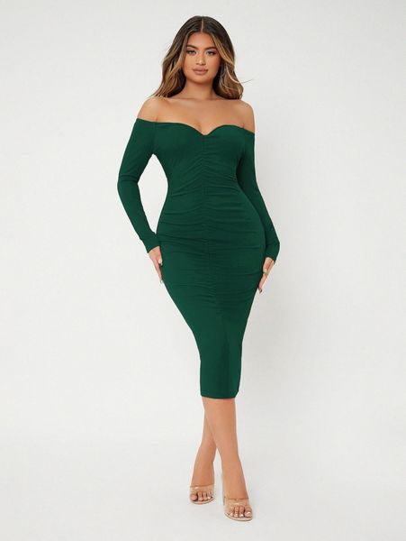 ruched off shoulder bodycon dress d6j5#, Black;gray 
ruched off shoulder bodycon dress d6j5#, Black;gray