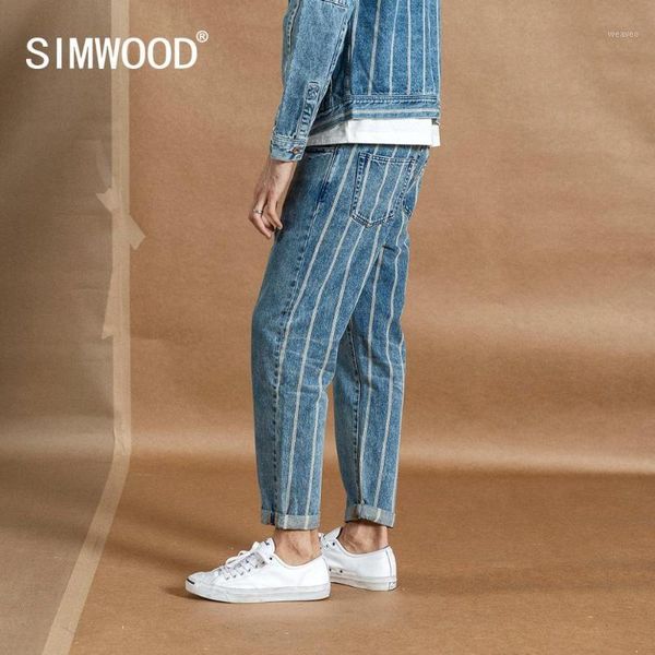 simwood 2020 autumn new ankle-length jeans men fashion hip hop back striped fashion streetwear denim plus size trousers 1903841, Blue