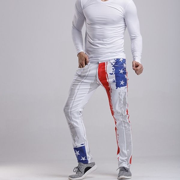men's white printed american flag casual jeans fashion streetwear painted pattern print trousers feet slim stretch diesel pants, Blue
men's white printed american flag casual jeans fashion streetwear painted pattern print trousers feet slim stretch diesel pants, Blue