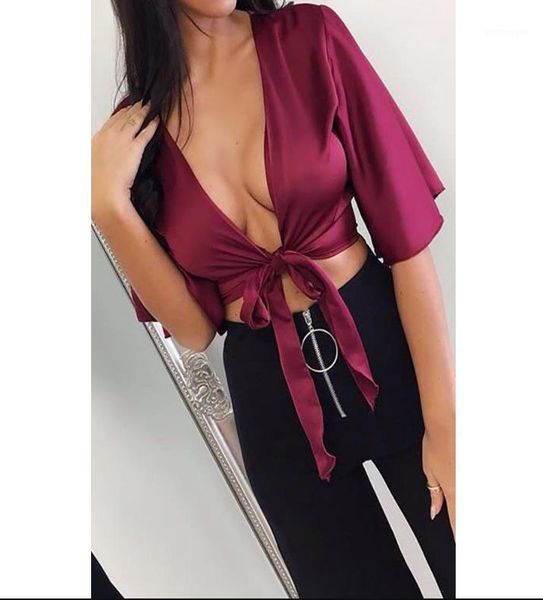 women lady satin silk tie knot blouses crop ladies half flared sleeve deep v neck shirts solid women blouse1, White
women lady satin silk tie knot blouses crop ladies half flared sleeve deep v neck shirts solid women blouse1, White