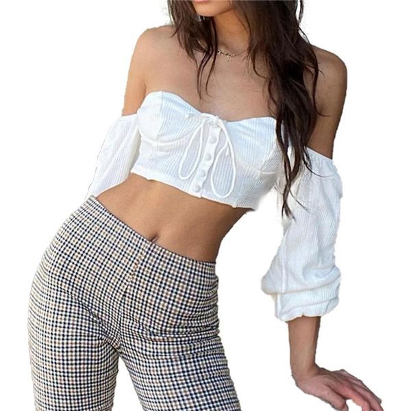 women's t-shirt tube fashion long sleeve button front solid color off shoulder crop top, White
women's t-shirt tube fashion long sleeve button front solid color off shoulder crop top, White