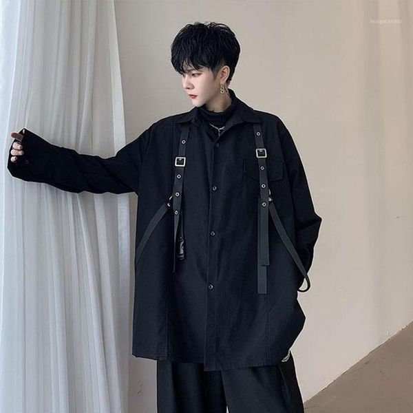 men long sleeve leather strap loose casual black cargo shirt male women hip hop punk gothic stage party dress shirt1, White;black
men long sleeve leather strap loose casual black cargo shirt male women hip hop punk gothic stage party dress shirt1, White;black