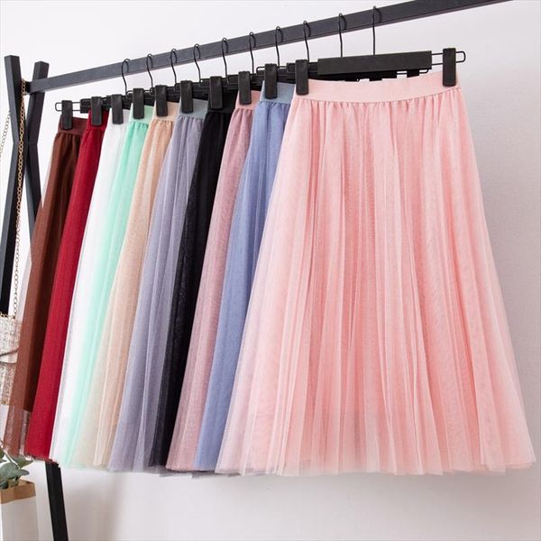 tingyili 4 layers tulle skirts womens black gray white tulle skirt elastic high waist pleated midi skirt