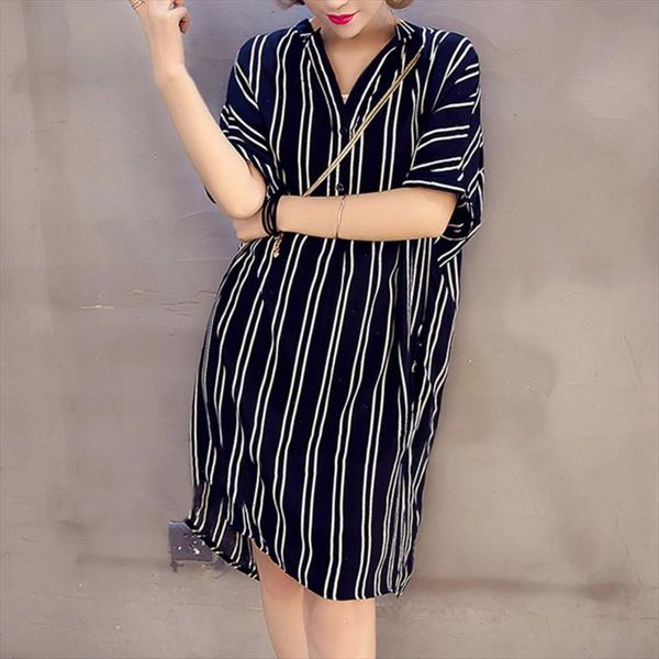 women v neck fashion striped dress 2021 short sleeve print stripe loose dress vestidos drop shipping, Black;gray 
women v neck fashion striped dress 2021 short sleeve print stripe loose dress vestidos drop shipping, Black;gray