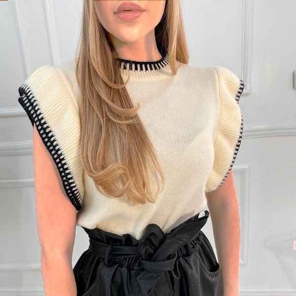 women's sweaters fashion knitted vest round neck petal sleeves t shirt slim solid color vintage women blouse, White;black
women's sweaters fashion knitted vest round neck petal sleeves t shirt slim solid color vintage women blouse, White;black