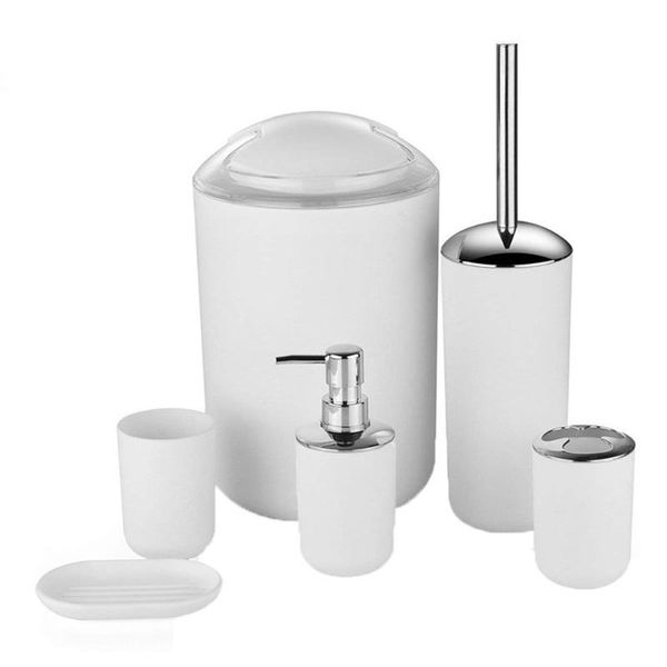 6 pcs plastic bathroom accessories set toothbrush holder/cup soap dispenser /dish toilet brush trash can 
6 pcs plastic bathroom accessories set toothbrush holder/cup soap dispenser /dish toilet brush trash can