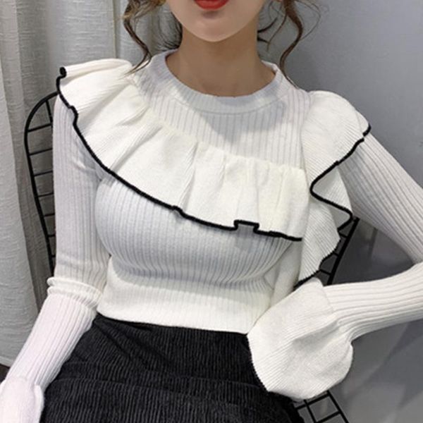 korean fashion o neck retro short slim knitting sweaters women 2021 new autumn winter female black ruffled pullover sweater, White;black
korean fashion o neck retro short slim knitting sweaters women 2021 new autumn winter female black ruffled pullover sweater, White;black