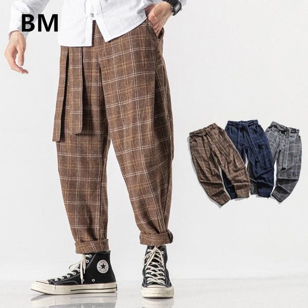 chinese style fashion belt plaid casual pants 2020 loose plus size baggy straight trousers men clothing streetwear male, Black 
chinese style fashion belt plaid casual pants 2020 loose plus size baggy straight trousers men clothing streetwear male, Black