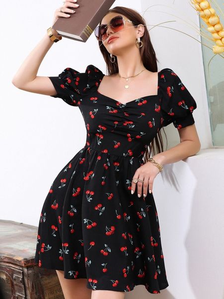allover cherry sweetheart neck dress o3hj#, Black;gray 
allover cherry sweetheart neck dress o3hj#, Black;gray