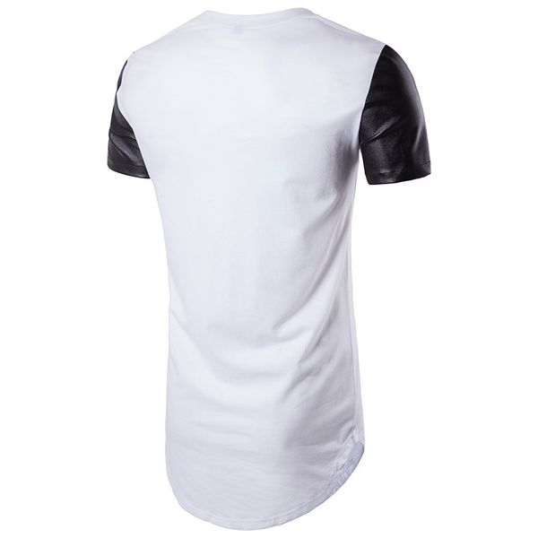 summer new mens round neck short sleeve high street circular lower hem solid color leather patchwork t-shirt, White;black
summer new mens round neck short sleeve high street circular lower hem solid color leather patchwork t-shirt, White;black