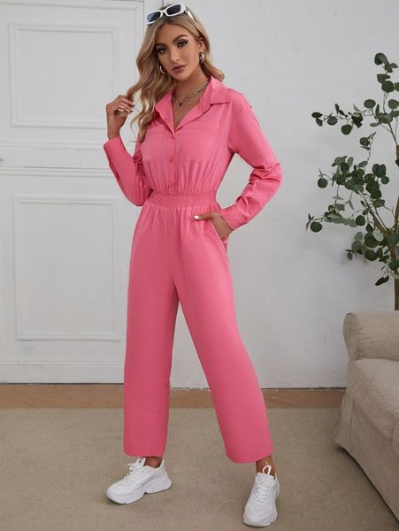 dual pocket shirred waist shirt jumpsuit k0ss#, White
