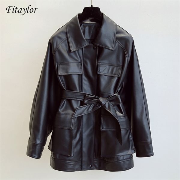 fitaylor new women leather jacket medium long vintage faux leather coat loose black motorcycle jackets tie belt waist outfits 201030
fitaylor new women leather jacket medium long vintage faux leather coat loose black motorcycle jackets tie belt waist outfits 201030