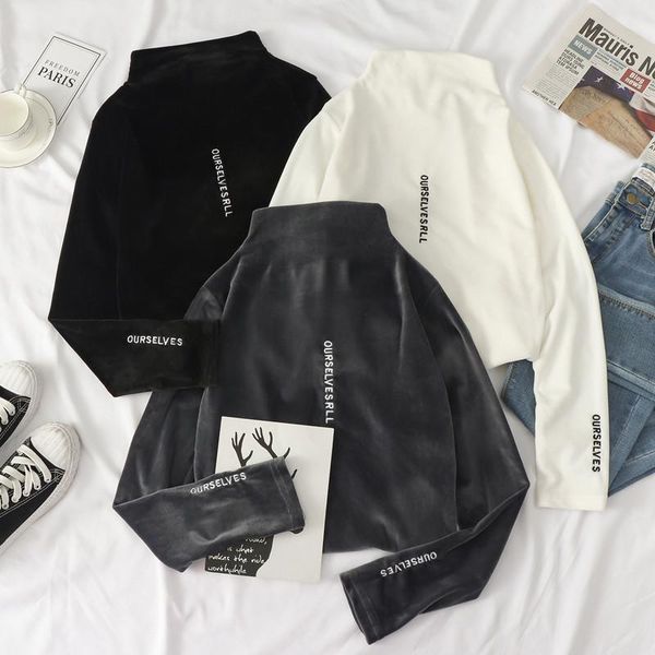 women's t-shirt autumn winter warm turtleneck golden velvet t-shirts women long sleeve letter embroidery t shirt slim casual base tee b, White
women's t-shirt autumn winter warm turtleneck golden velvet t-shirts women long sleeve letter embroidery t shirt slim casual base tee b, White