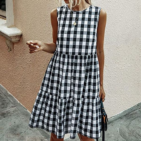 women summer dress fashion plaid mini dress sleeveless o neck ruffle female casual blue dress 2020 retro vestido mujer, Black;gray
women summer dress fashion plaid mini dress sleeveless o neck ruffle female casual blue dress 2020 retro vestido mujer, Black;gray
