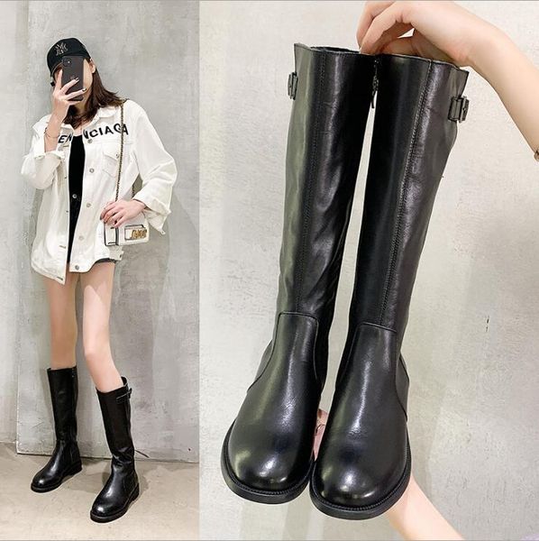 full leather riding boots women 2020 europe women round toe black leather layer cowhide high-riding boots