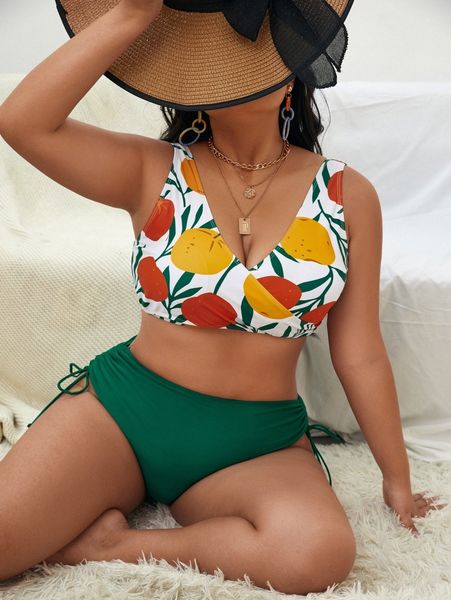 plus orange print bikini swimsuit f7av#, Black