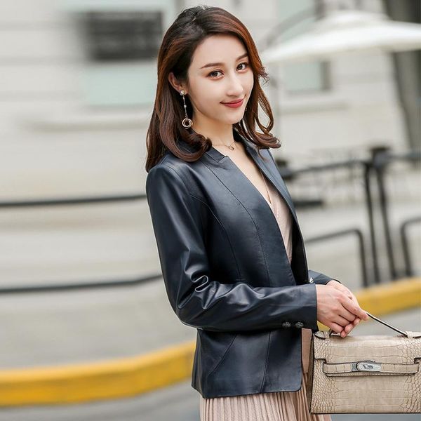 women's leather & faux jacket 2021 genuine spring autumn sheepskin coat for women casual blazer korean veste femme z22869 kj, Black 
women's leather & faux jacket 2021 genuine spring autumn sheepskin coat for women casual blazer korean veste femme z22869 kj, Black