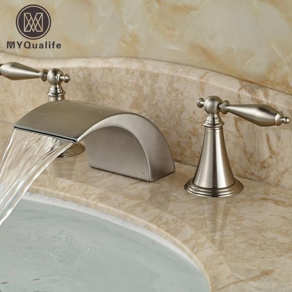 brushed nickel deck mount cold water basin faucet dual handles bathroom waterfall basin mixer tap 
brushed nickel deck mount cold water basin faucet dual handles bathroom waterfall basin mixer tap