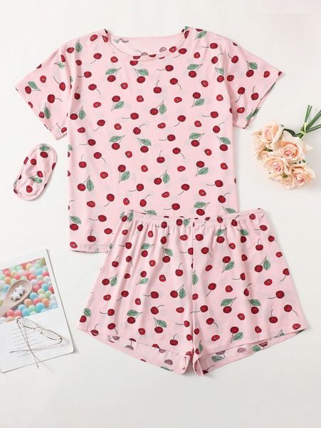 plus cherry print pajama set & eye mask 95ig#, Black;white 
plus cherry print pajama set & eye mask 95ig#, Black;white