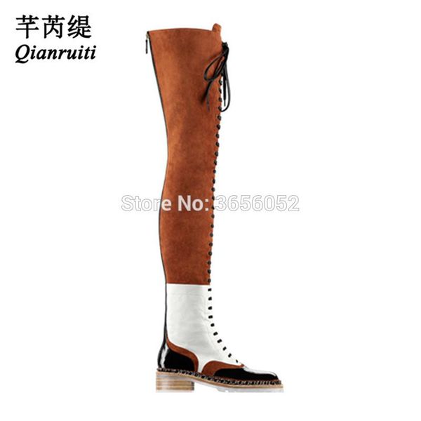 qianruiti zapatos mujer patchwork patent leather suede overknee booties chain embellished lace up thigh high boots women shoes, Black
qianruiti zapatos mujer patchwork patent leather suede overknee booties chain embellished lace up thigh high boots women shoes, Black