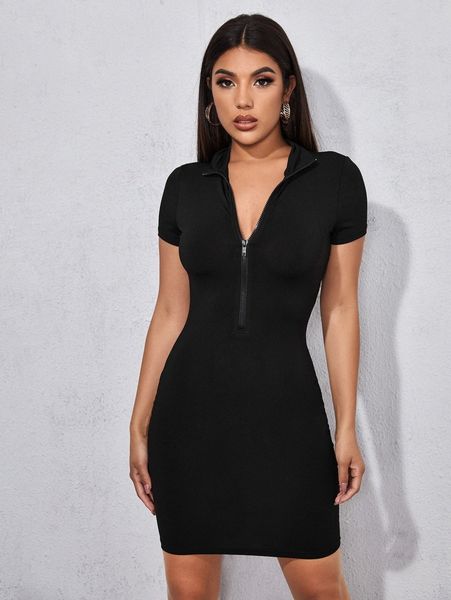 half placket solid bodycon dress f2r0#, Black;gray