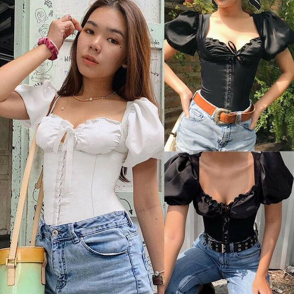 women girl elegant fashion casual short sleeve lace up bandage skinny puff sleeve club beach crop short blouses shirts, White
women girl elegant fashion casual short sleeve lace up bandage skinny puff sleeve club beach crop short blouses shirts, White