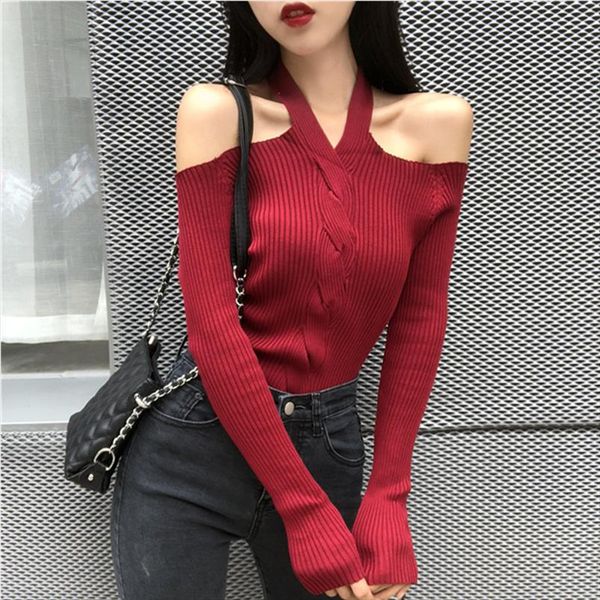 women halter slash neck knitted off shoulder sweater pullover girls knitting stretchy sweaters pullovers female dx6722, White;black
women halter slash neck knitted off shoulder sweater pullover girls knitting stretchy sweaters pullovers female dx6722, White;black