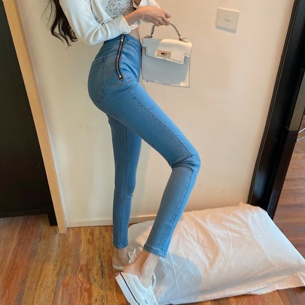 high waist peach jeans women's slim and hip raising basic pencil leggings, Blue
high waist peach jeans women's slim and hip raising basic pencil leggings, Blue