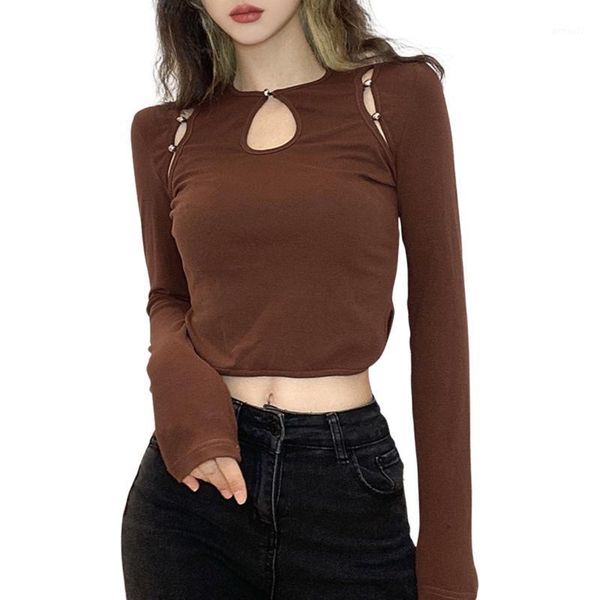 women's t-shirt women round neck button connected long sleeves brown for spring cut out crop casual fashion good body curve1, White
women's t-shirt women round neck button connected long sleeves brown for spring cut out crop casual fashion good body curve1, White