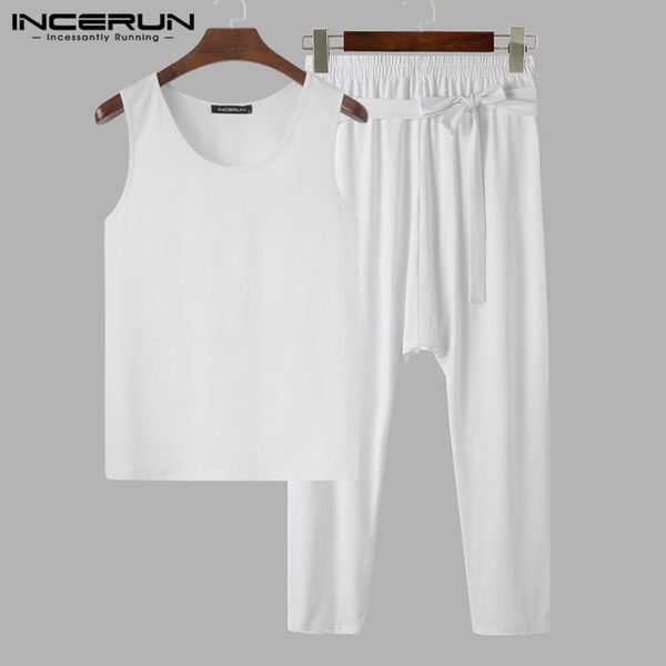 man leisure homewear suits incerun men solid color pajamas sets 2021 summer sleeveless tank lace up elastic pants 2 pieces, Black;brown
man leisure homewear suits incerun men solid color pajamas sets 2021 summer sleeveless tank lace up elastic pants 2 pieces, Black;brown