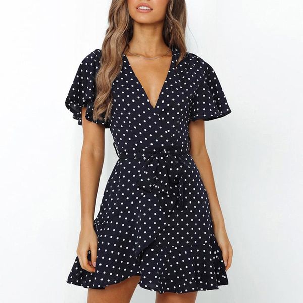 polka dot print belt v neck dress summer ruffles trim a line flounce sleeve mini dresses women casual beach vestidos, White;black 
polka dot print belt v neck dress summer ruffles trim a line flounce sleeve mini dresses women casual beach vestidos, White;black