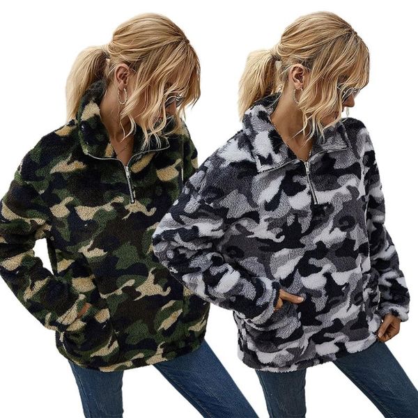 women half zip turtleneck sweatshirt camouflage fluffy plush pullover lapel loose long sleeve streetwear with pocket, Black
women half zip turtleneck sweatshirt camouflage fluffy plush pullover lapel loose long sleeve streetwear with pocket, Black