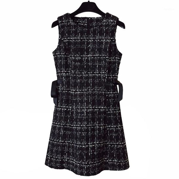 perhaps u tweed dress elegant side bow a-line dresses black plaid sleeveless summer o neck mini dress d08451, Black;gray 
perhaps u tweed dress elegant side bow a-line dresses black plaid sleeveless summer o neck mini dress d08451, Black;gray