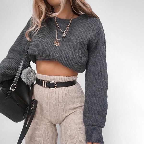 ribbed crop sweater women pull femme long sleeve grey jumper round neck chic knitted casual sweaters and pullovers, White;black
ribbed crop sweater women pull femme long sleeve grey jumper round neck chic knitted casual sweaters and pullovers, White;black