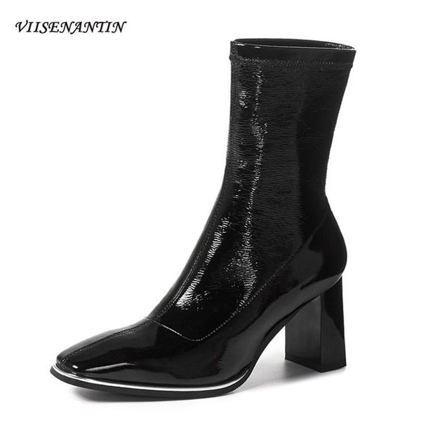 metal decoration new thin boots square head thick heel high heel boots elastic fashion patent leather mid-tube short women, Black
metal decoration new thin boots square head thick heel high heel boots elastic fashion patent leather mid-tube short women, Black