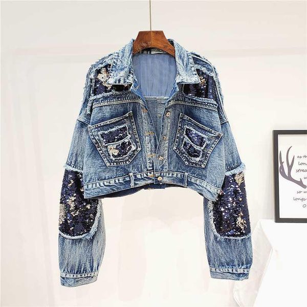 autumn new fashion heavy sequins frayed short denim jacket women loose jeans jacket female student streetwear ripped jean coats1, Black;brown
autumn new fashion heavy sequins frayed short denim jacket women loose jeans jacket female student streetwear ripped jean coats1, Black;brown