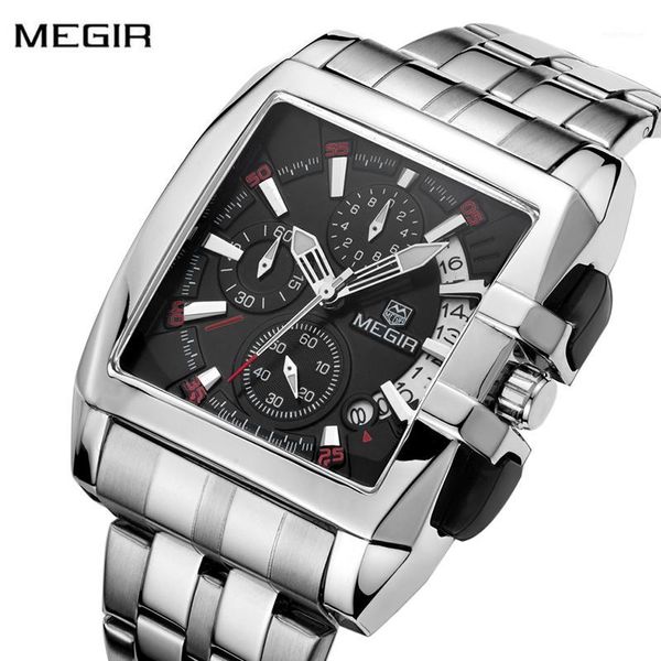 Megir Watch Stainless Steel Chronograph Watch Men Fashion Square Sport Men's Calendar Waterproof Clock Reloj1