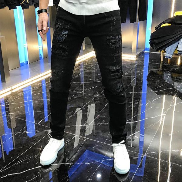 men's jeans in autumn 2020 individual hole embroidery bat label elastic slim waist black leggings, Blue
men's jeans in autumn 2020 individual hole embroidery bat label elastic slim waist black leggings, Blue