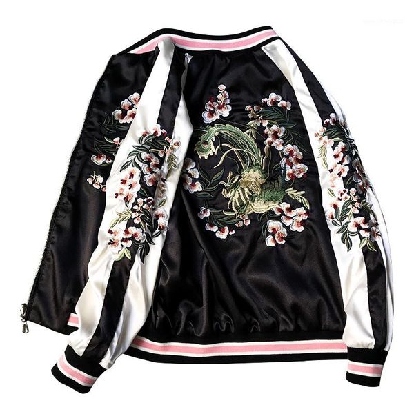 women's jackets flower embroidery baseball jacket woman 2021 spring autumn ins super fire both sides wear student bf bomber satin coats, Black;brown
women's jackets flower embroidery baseball jacket woman 2021 spring autumn ins super fire both sides wear student bf bomber satin coats, Black;brown