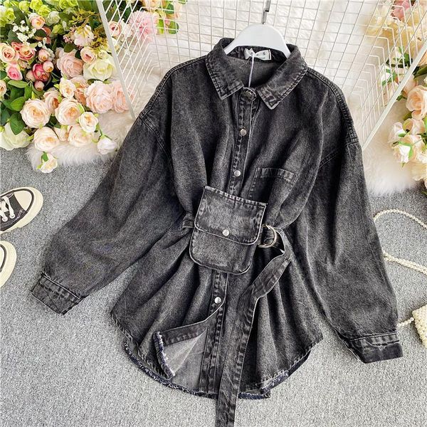 women's blouses & shirts 2021 autumn and winter loose lapels long denim shirt jacket female clothing black blouse with bag, White
women's blouses & shirts 2021 autumn and winter loose lapels long denim shirt jacket female clothing black blouse with bag, White